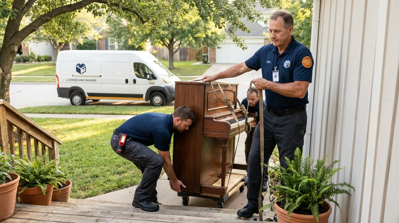 Licensed piano movers securing grand piano in East Hanover, NJ