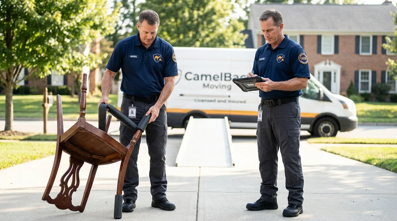 Movers inspecting furniture for damage prevention before loading in East Hanover, NJ