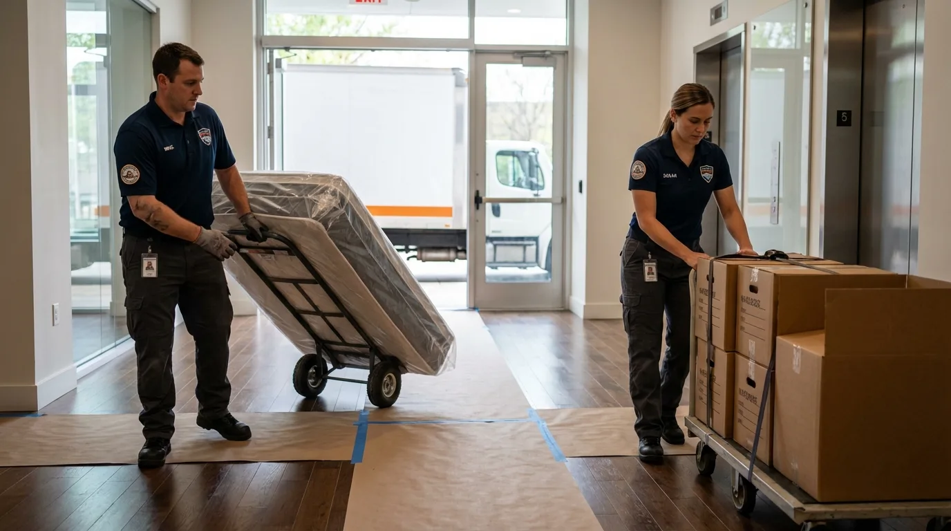 Professional apartment movers loading elevator in East Hanover, NJ